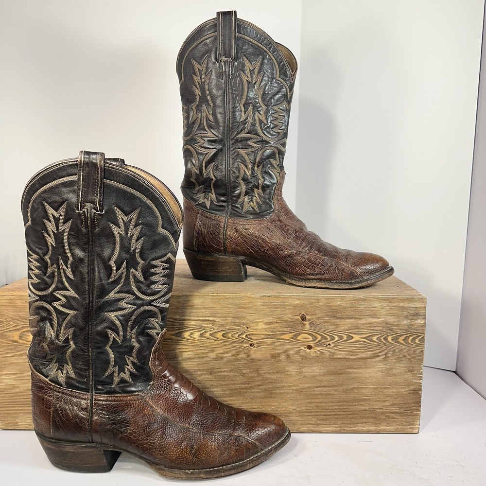VTG RARE Tony Lama Men's SZ 7 Exotic Leather Cowboy Boots Brown Ostrich Leg